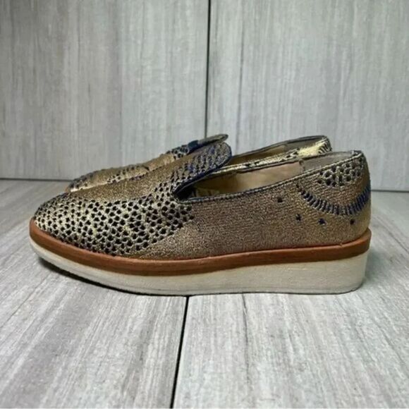 Free People Snake Eyes Metallic Gold Blue Fabric Flat Loafer Women’s Size 7 37 - Picture 2 of 10